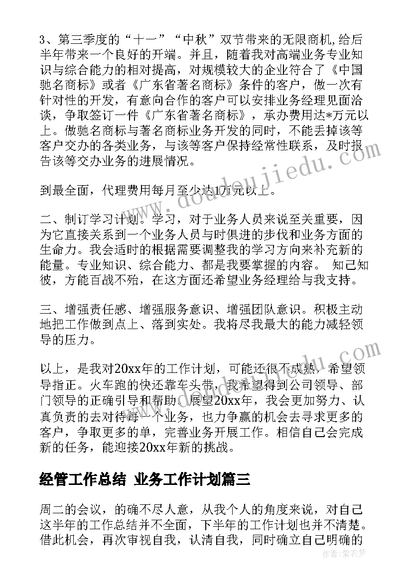 经管工作总结 业务工作计划(大全8篇)