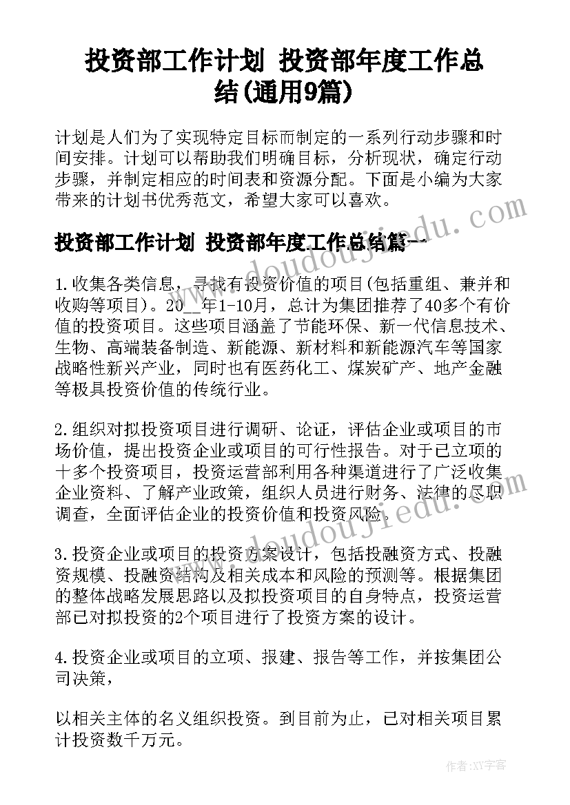 投资部工作计划 投资部年度工作总结(通用9篇)