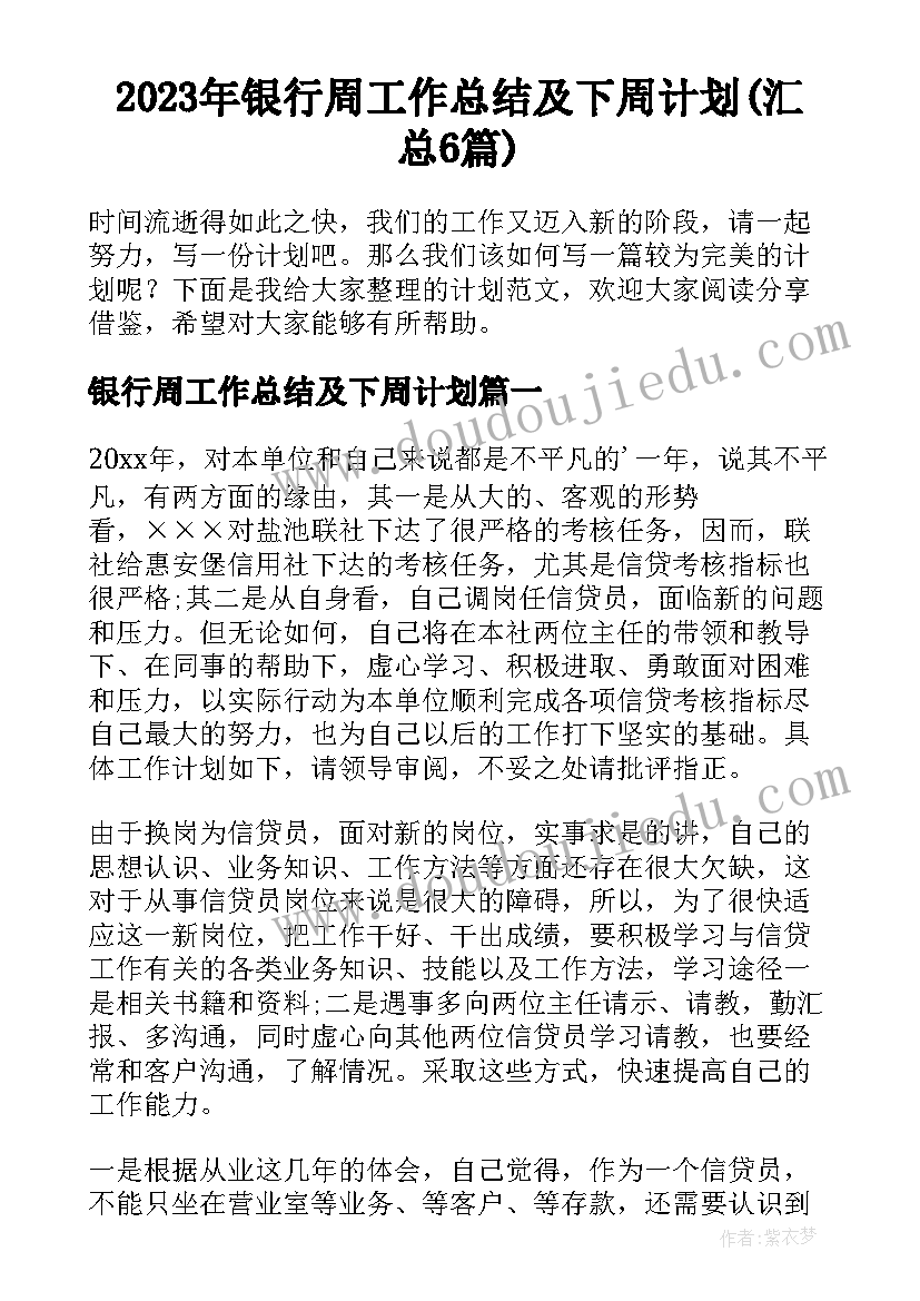 2023年银行周工作总结及下周计划(汇总6篇)