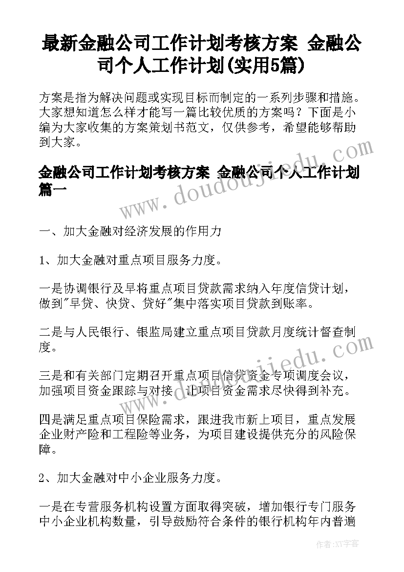 最新金融公司工作计划考核方案 金融公司个人工作计划(实用5篇)