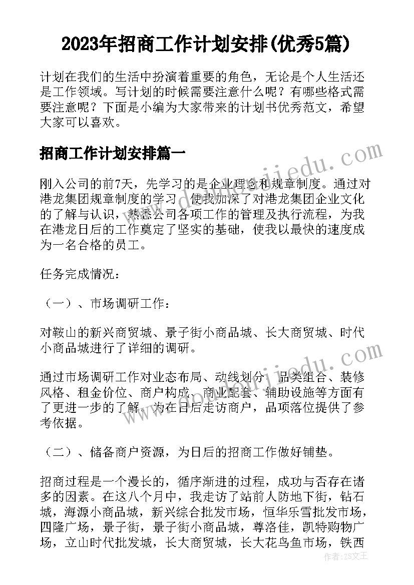 2023年招商工作计划安排(优秀5篇)