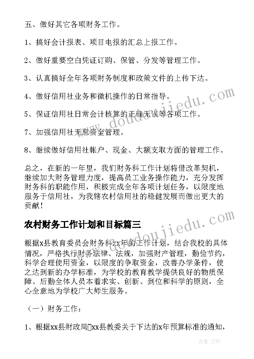 农村财务工作计划和目标(模板6篇)