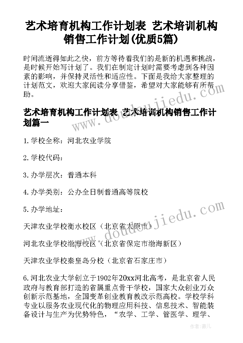 艺术培育机构工作计划表 艺术培训机构销售工作计划(优质5篇)