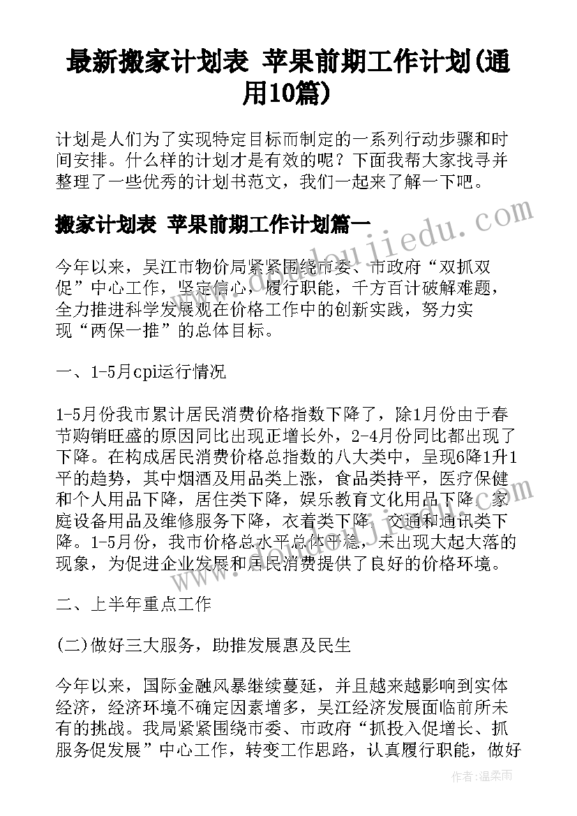 最新搬家计划表 苹果前期工作计划(通用10篇)