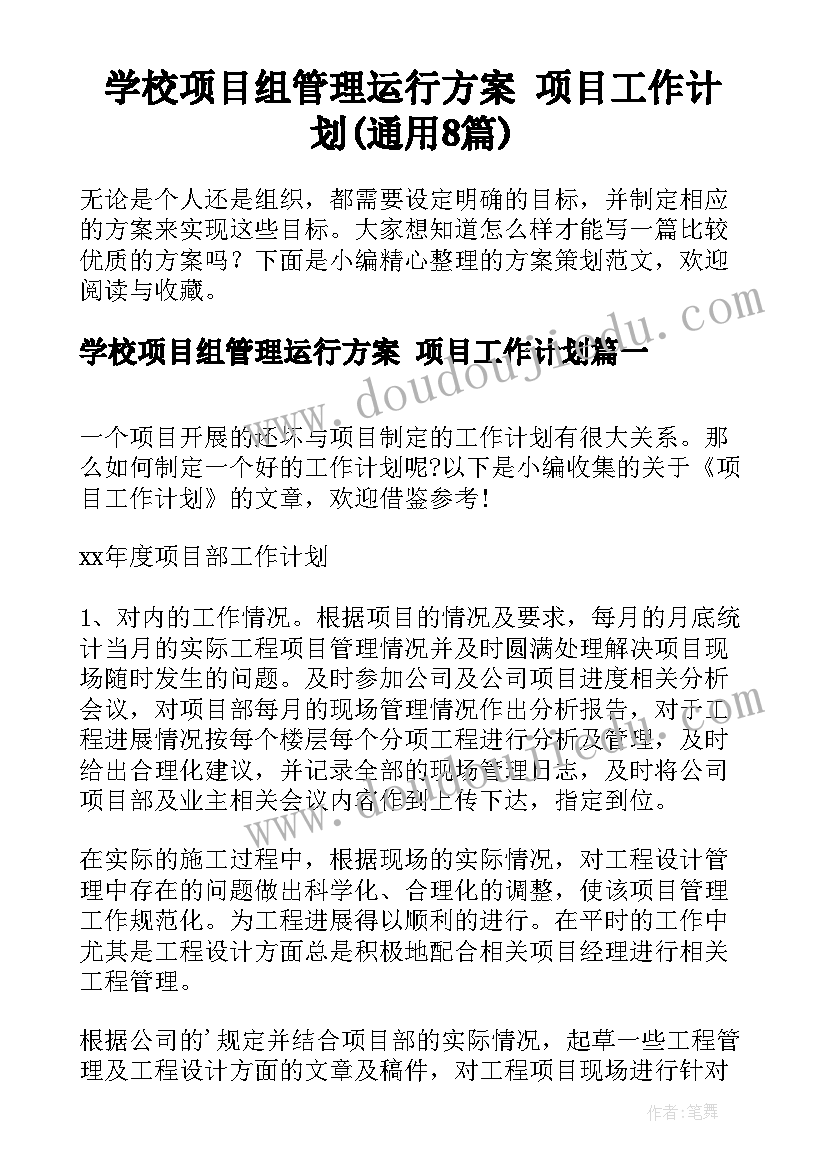 学校项目组管理运行方案 项目工作计划(通用8篇)