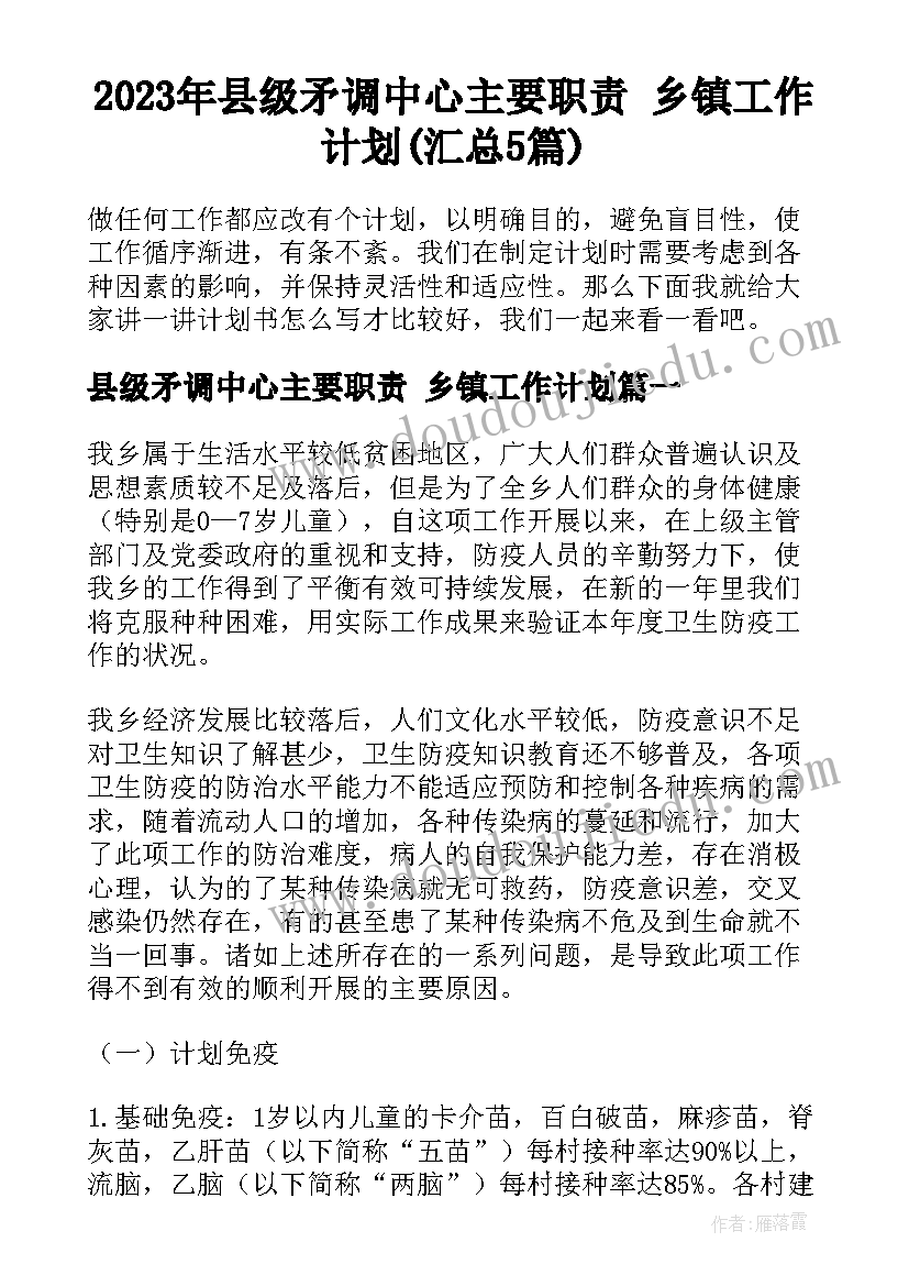 2023年县级矛调中心主要职责 乡镇工作计划(汇总5篇)