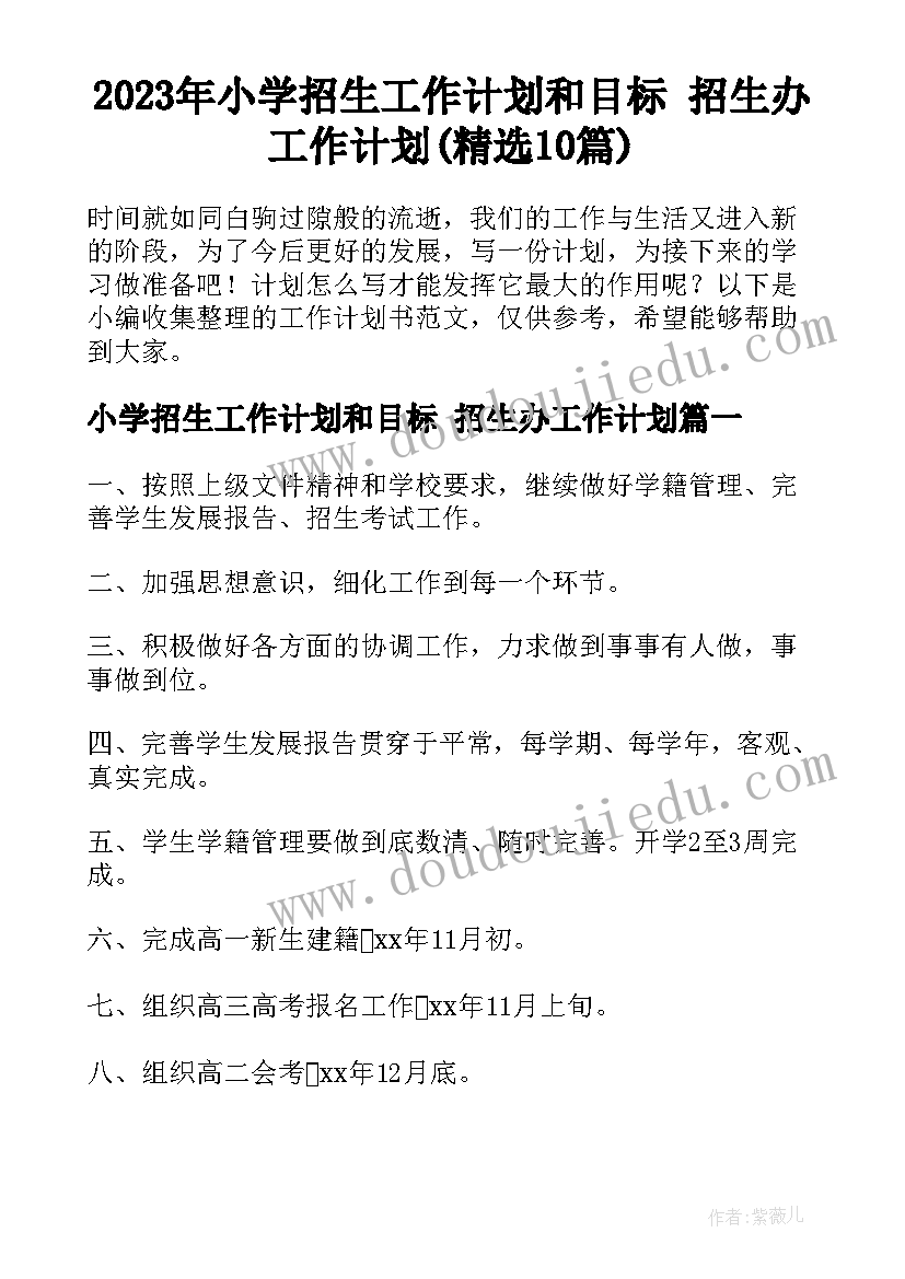 2023年小学招生工作计划和目标 招生办工作计划(精选10篇)