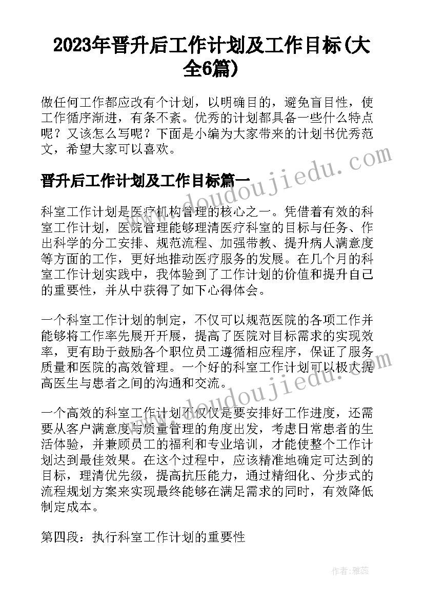 2023年晋升后工作计划及工作目标(大全6篇)