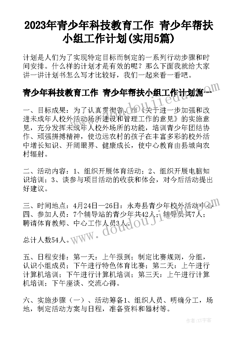 2023年青少年科技教育工作 青少年帮扶小组工作计划(实用5篇)