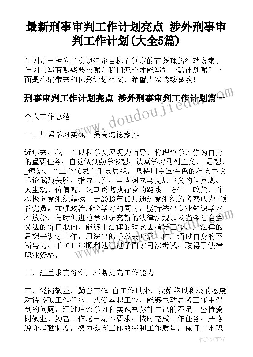 最新刑事审判工作计划亮点 涉外刑事审判工作计划(大全5篇)