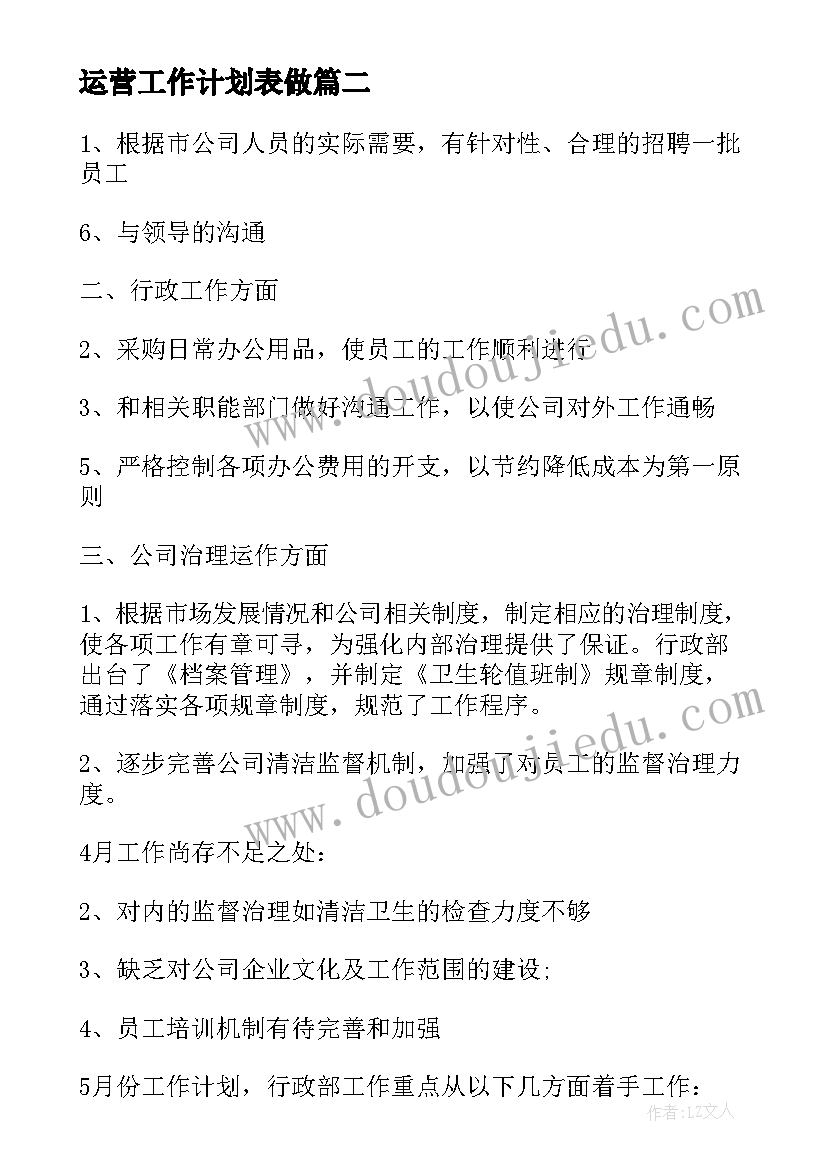 2023年运营工作计划表做(通用8篇)