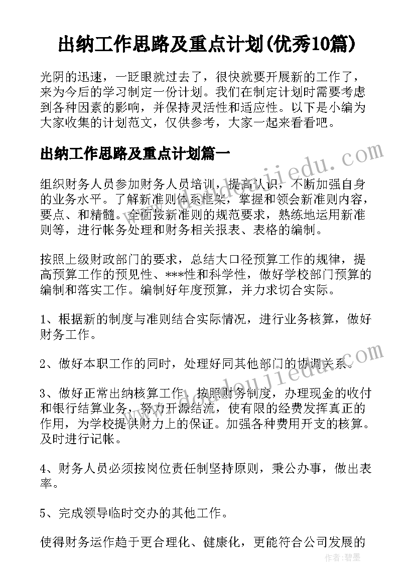 出纳工作思路及重点计划(优秀10篇)