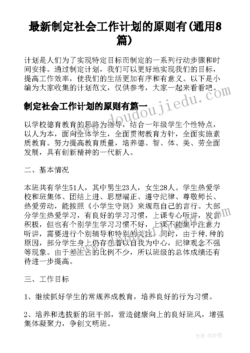 最新制定社会工作计划的原则有(通用8篇)