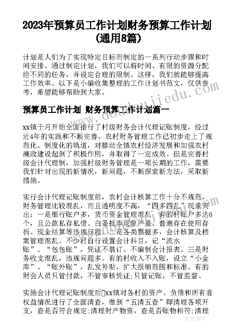 2023年预算员工作计划 财务预算工作计划(通用8篇)