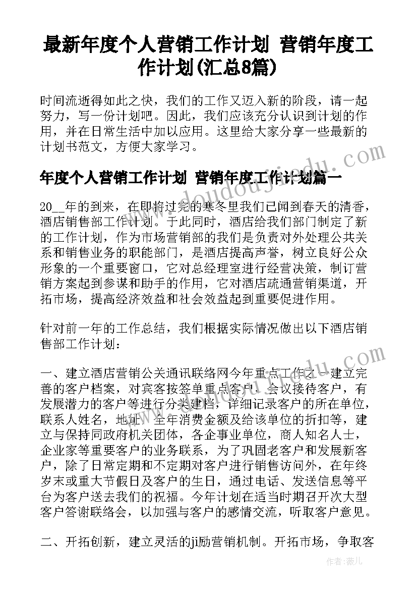 最新年度个人营销工作计划 营销年度工作计划(汇总8篇)