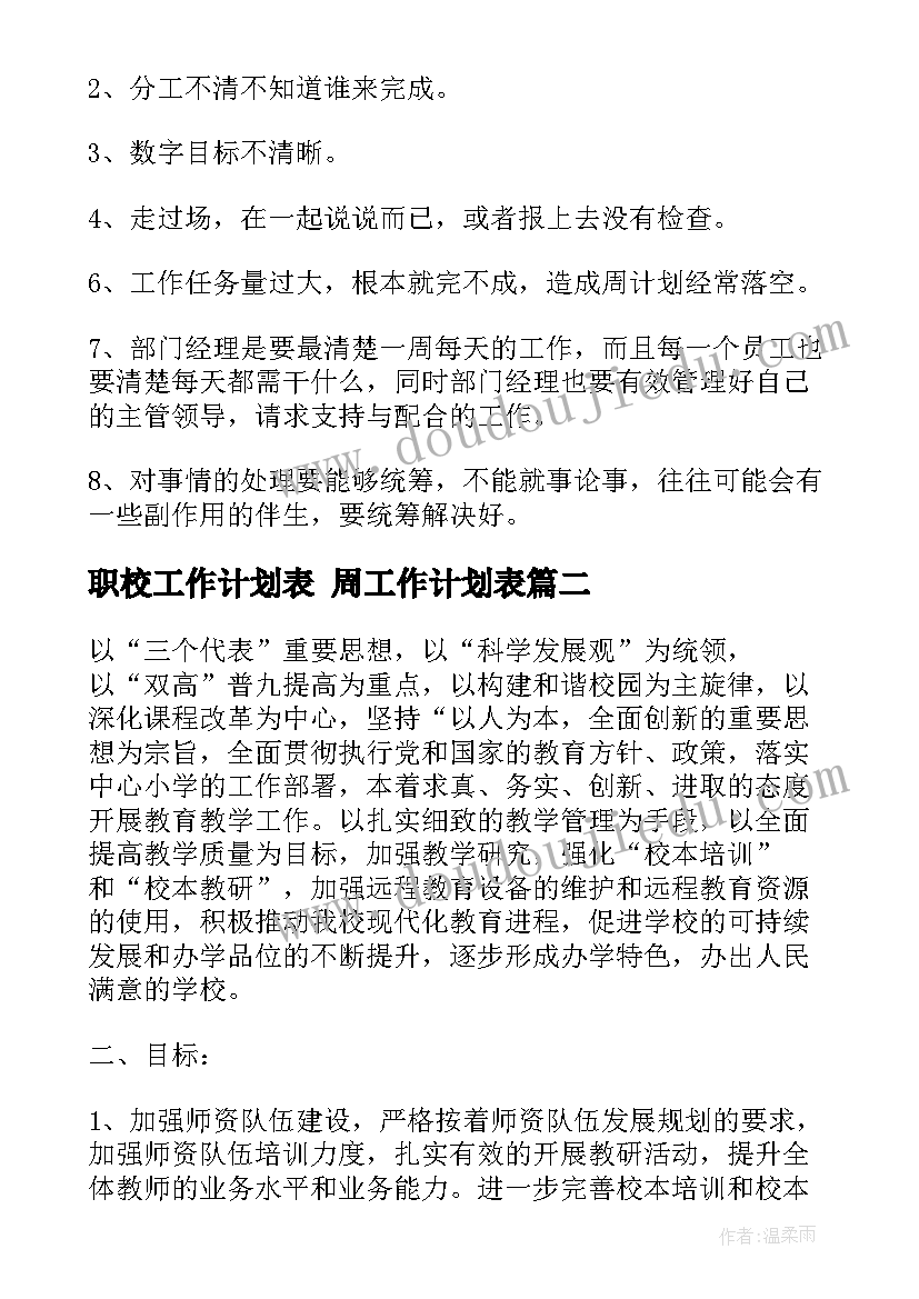 最新职校工作计划表 周工作计划表(汇总8篇)