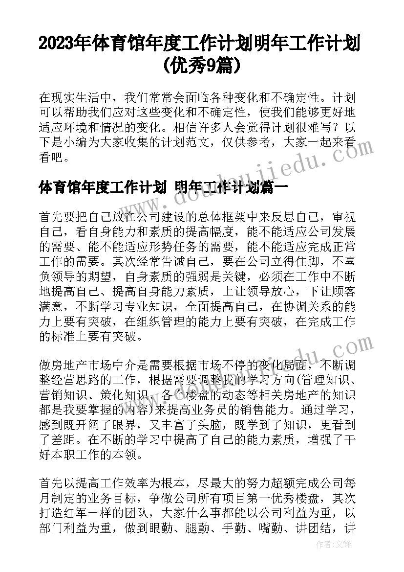 2023年体育馆年度工作计划 明年工作计划(优秀9篇)