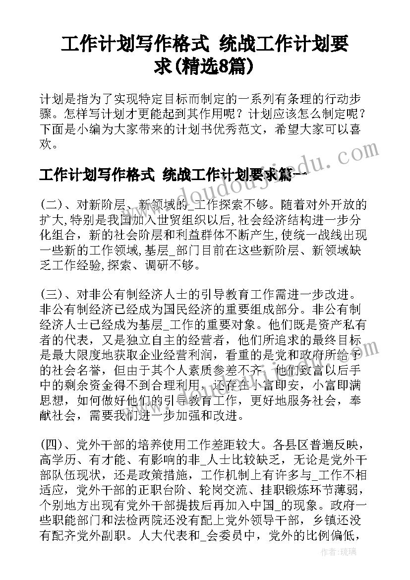 工作计划写作格式 统战工作计划要求(精选8篇)