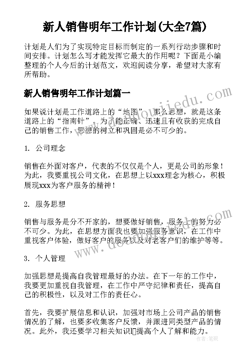 新人销售明年工作计划(大全7篇)