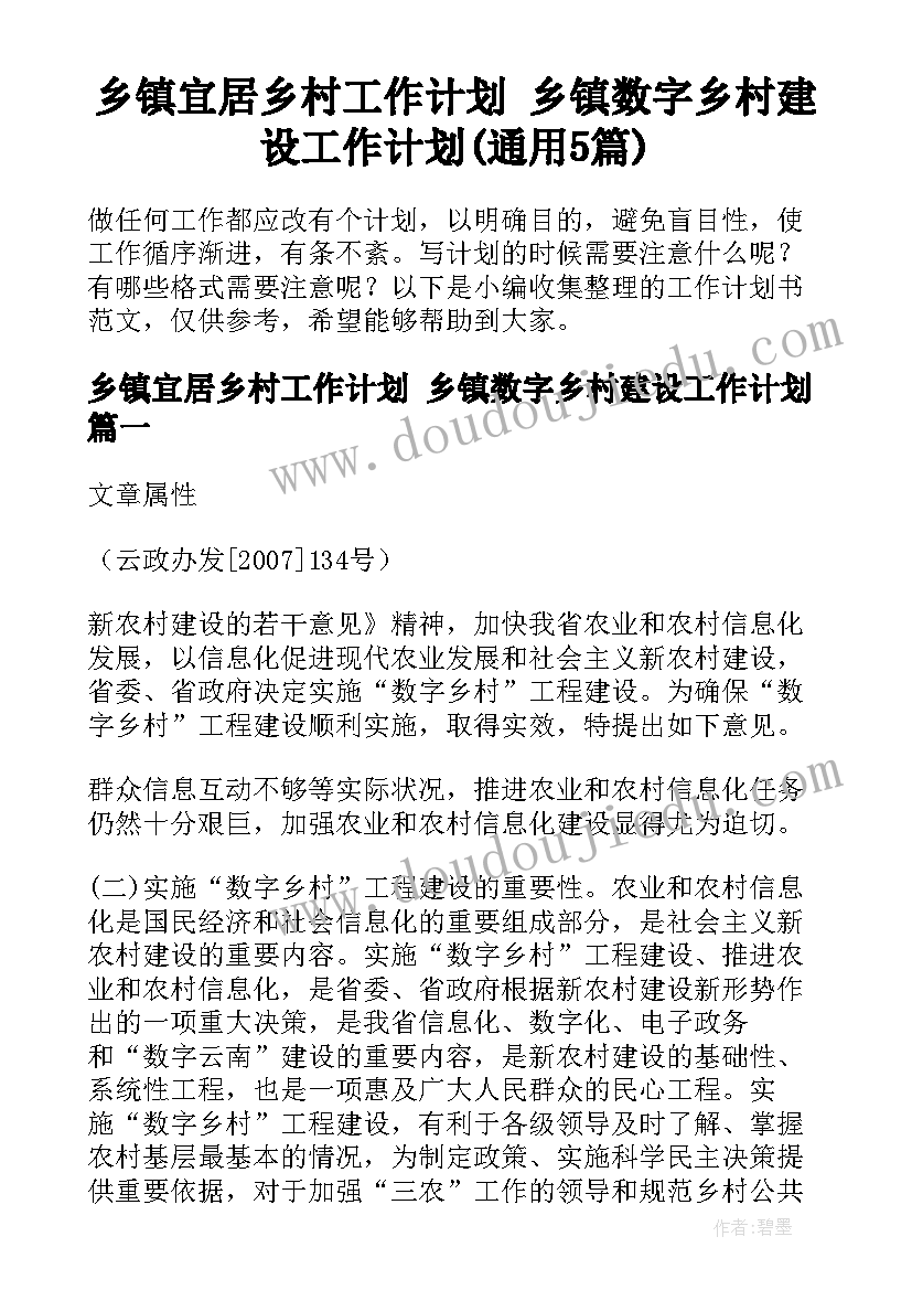 乡镇宜居乡村工作计划 乡镇数字乡村建设工作计划(通用5篇)