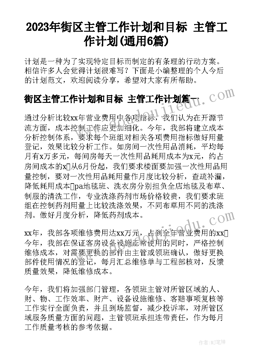 2023年街区主管工作计划和目标 主管工作计划(通用6篇)