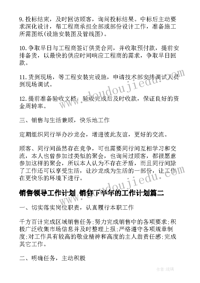 最新销售领导工作计划 销售下半年的工作计划(模板5篇)