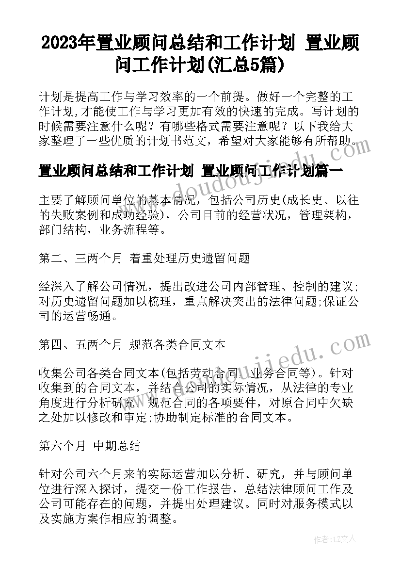 2023年置业顾问总结和工作计划 置业顾问工作计划(汇总5篇)