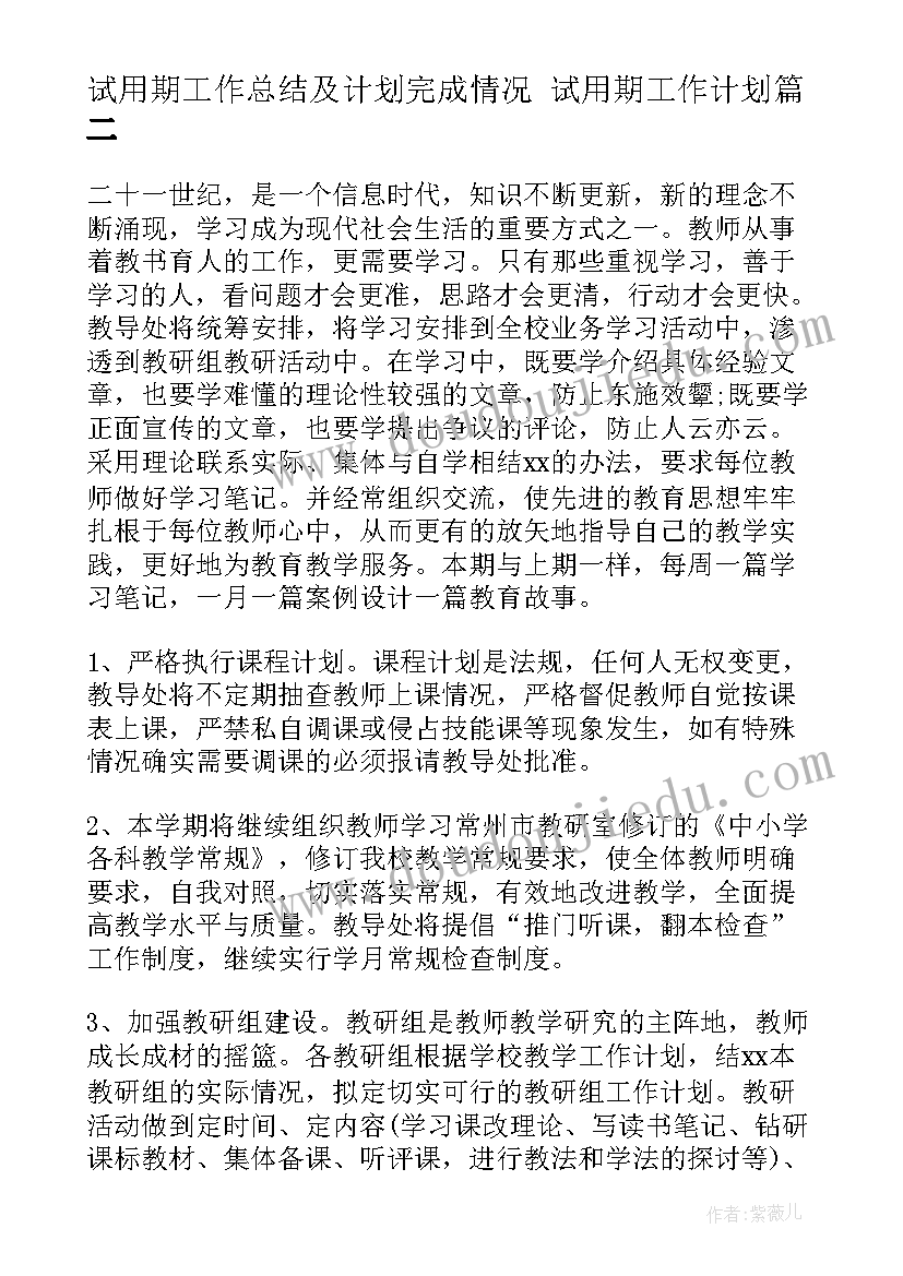 试用期工作总结及计划完成情况 试用期工作计划(优秀7篇)