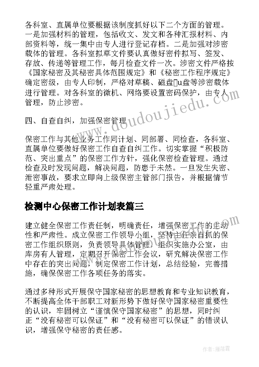 2023年检测中心保密工作计划表(优秀8篇)