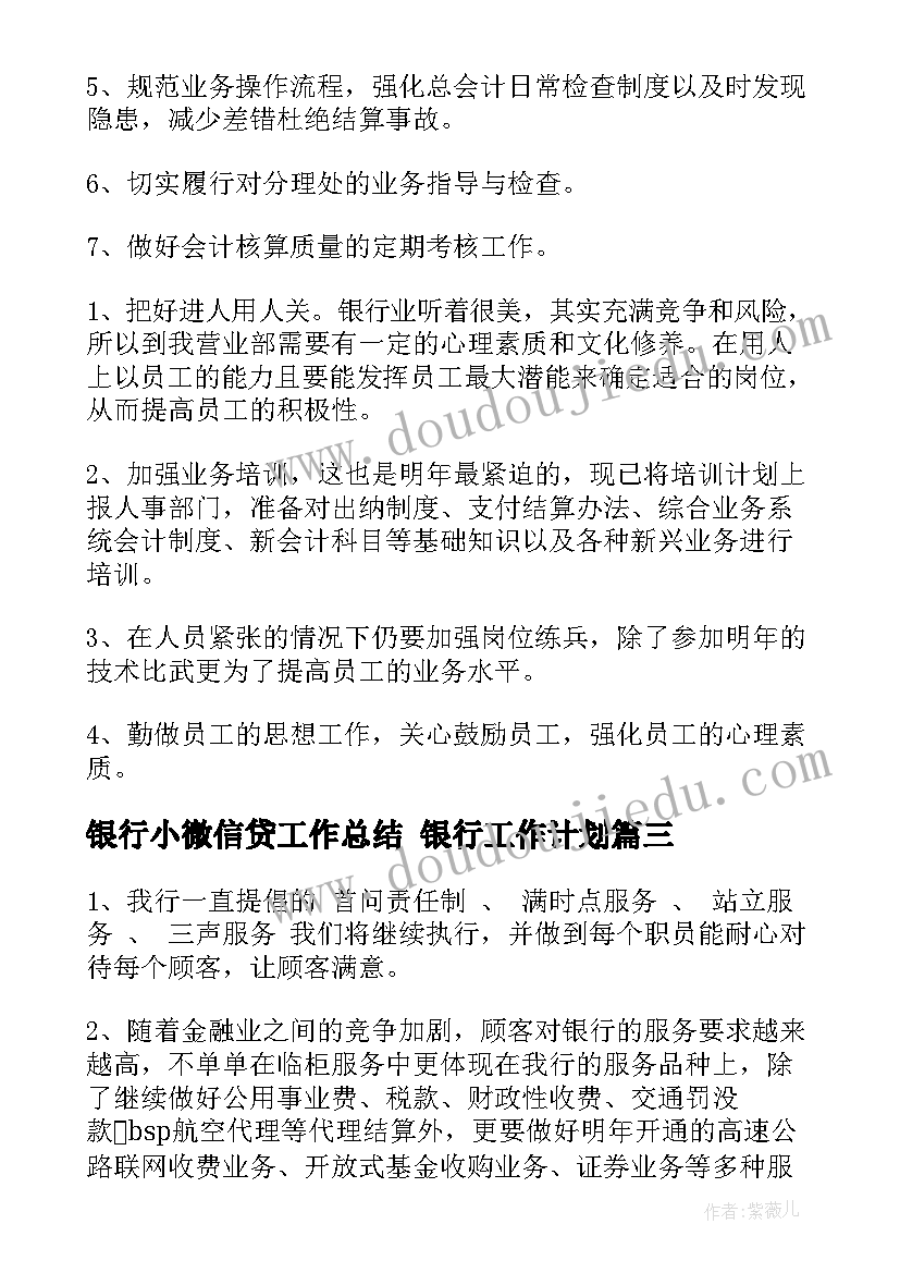 银行小微信贷工作总结 银行工作计划(精选7篇)