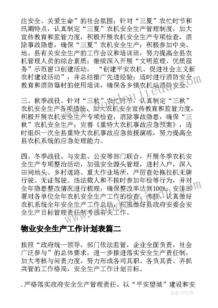 2023年物业安全生产工作计划表(精选7篇)