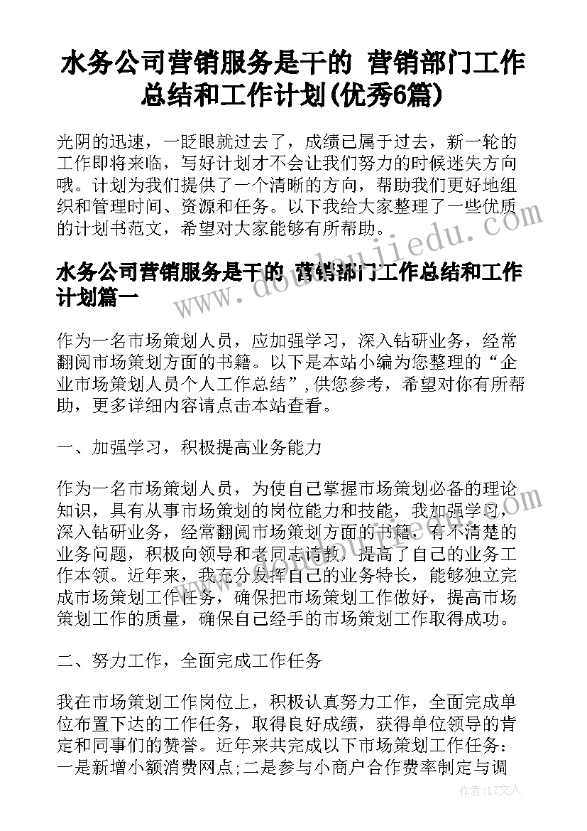 水务公司营销服务是干的 营销部门工作总结和工作计划(优秀6篇)