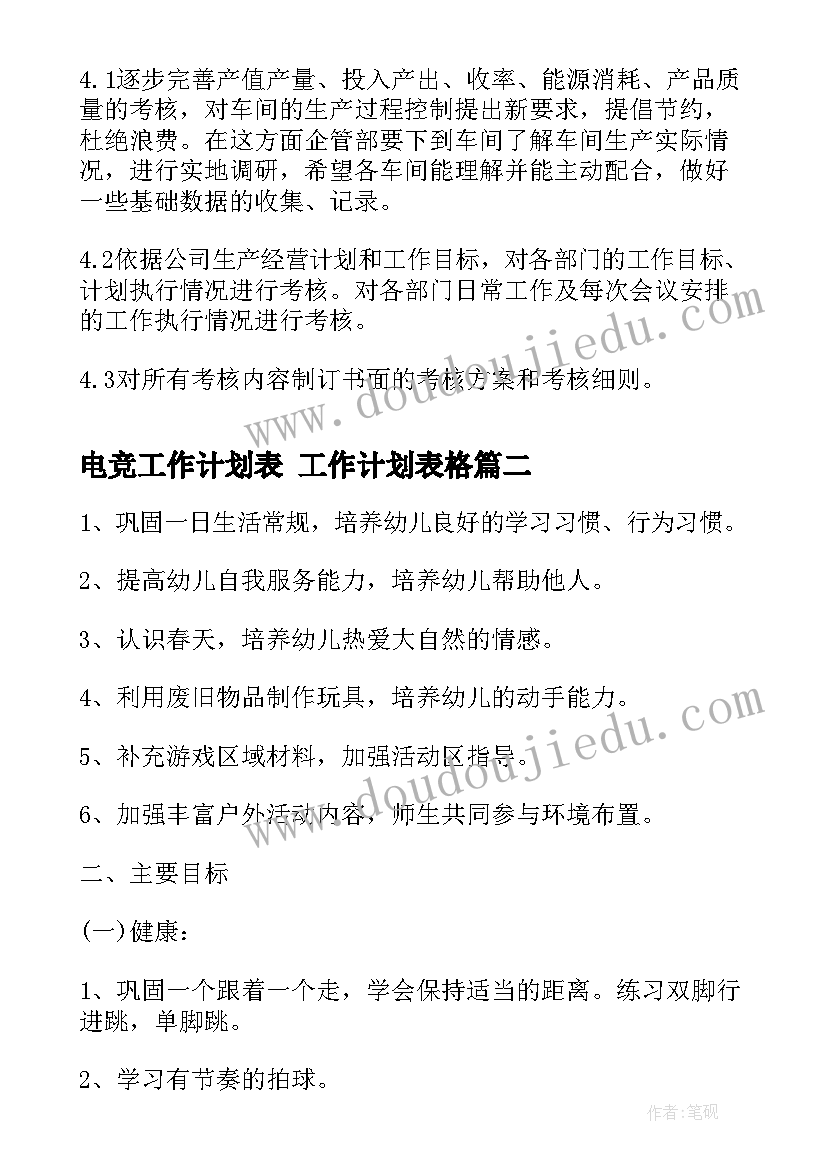 电竞工作计划表 工作计划表格(优质7篇)