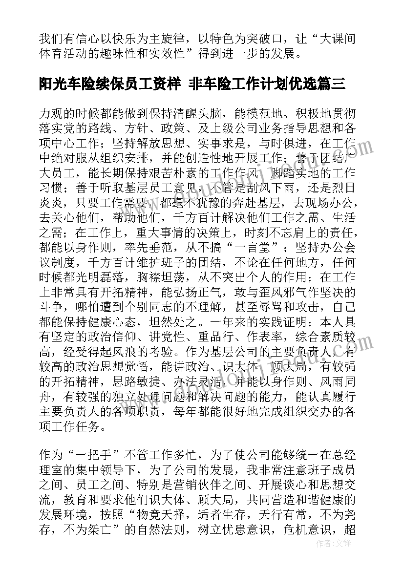 2023年阳光车险续保员工资样 非车险工作计划优选(通用7篇)