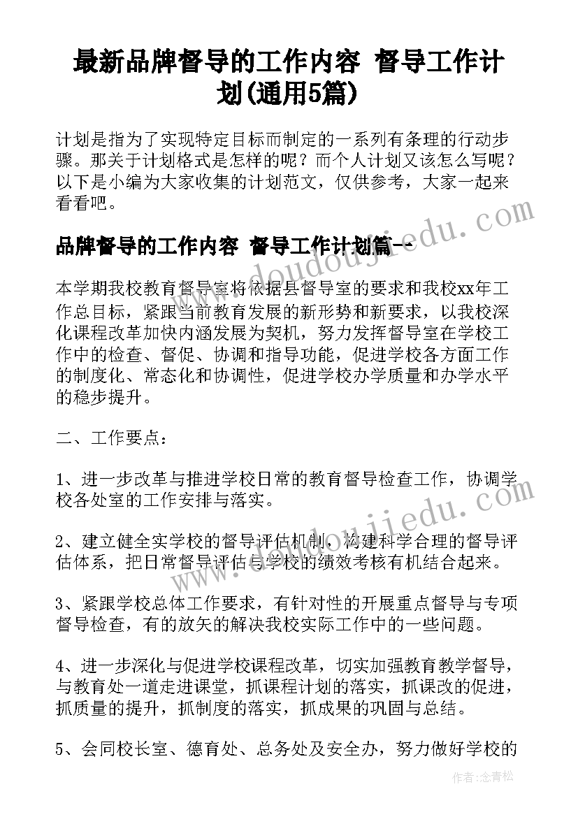 最新品牌督导的工作内容 督导工作计划(通用5篇)