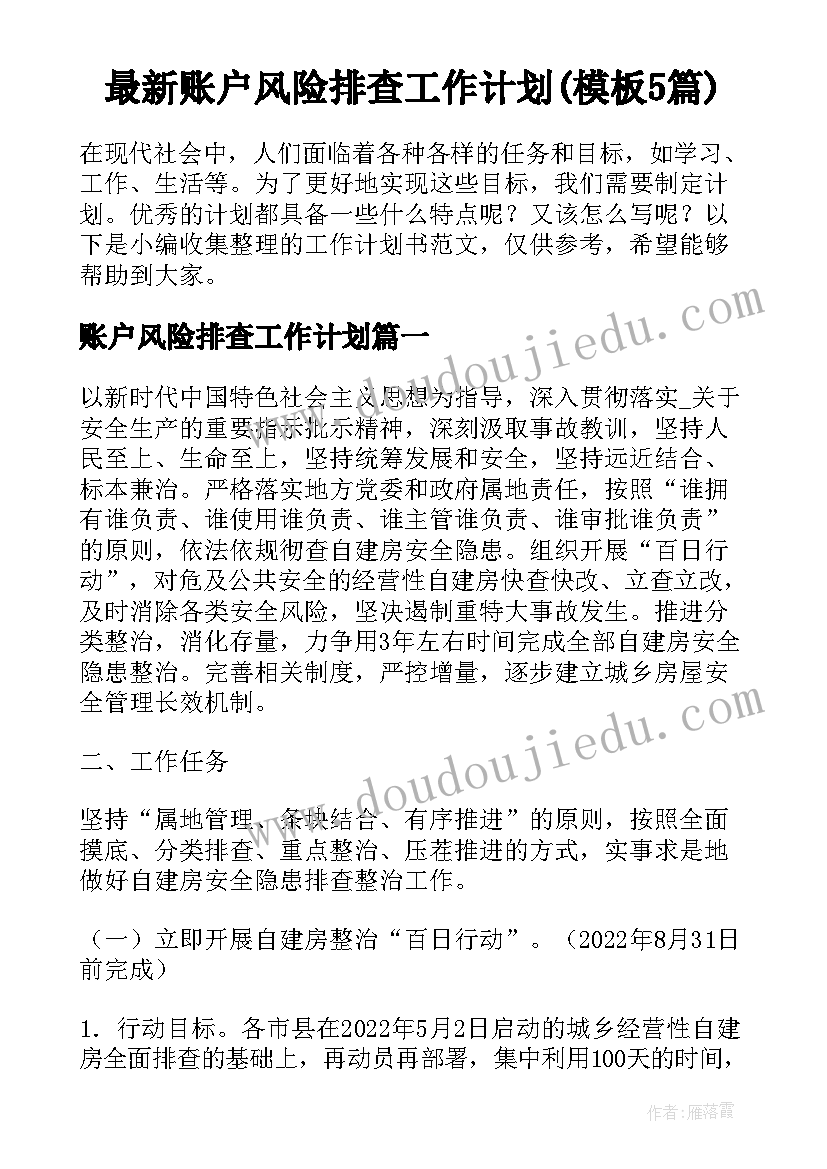 最新账户风险排查工作计划(模板5篇)