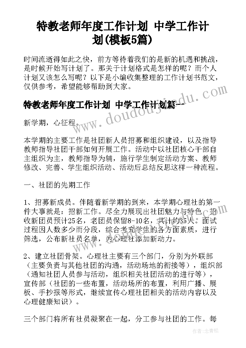 特教老师年度工作计划 中学工作计划(模板5篇)