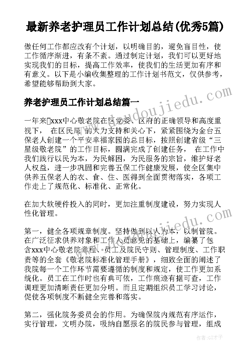 最新养老护理员工作计划总结(优秀5篇)