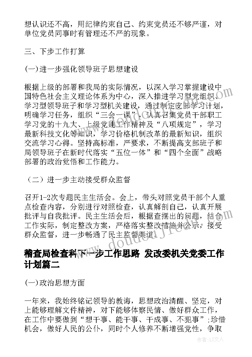 稽查局检查科下一步工作思路 发改委机关党委工作计划(实用5篇)