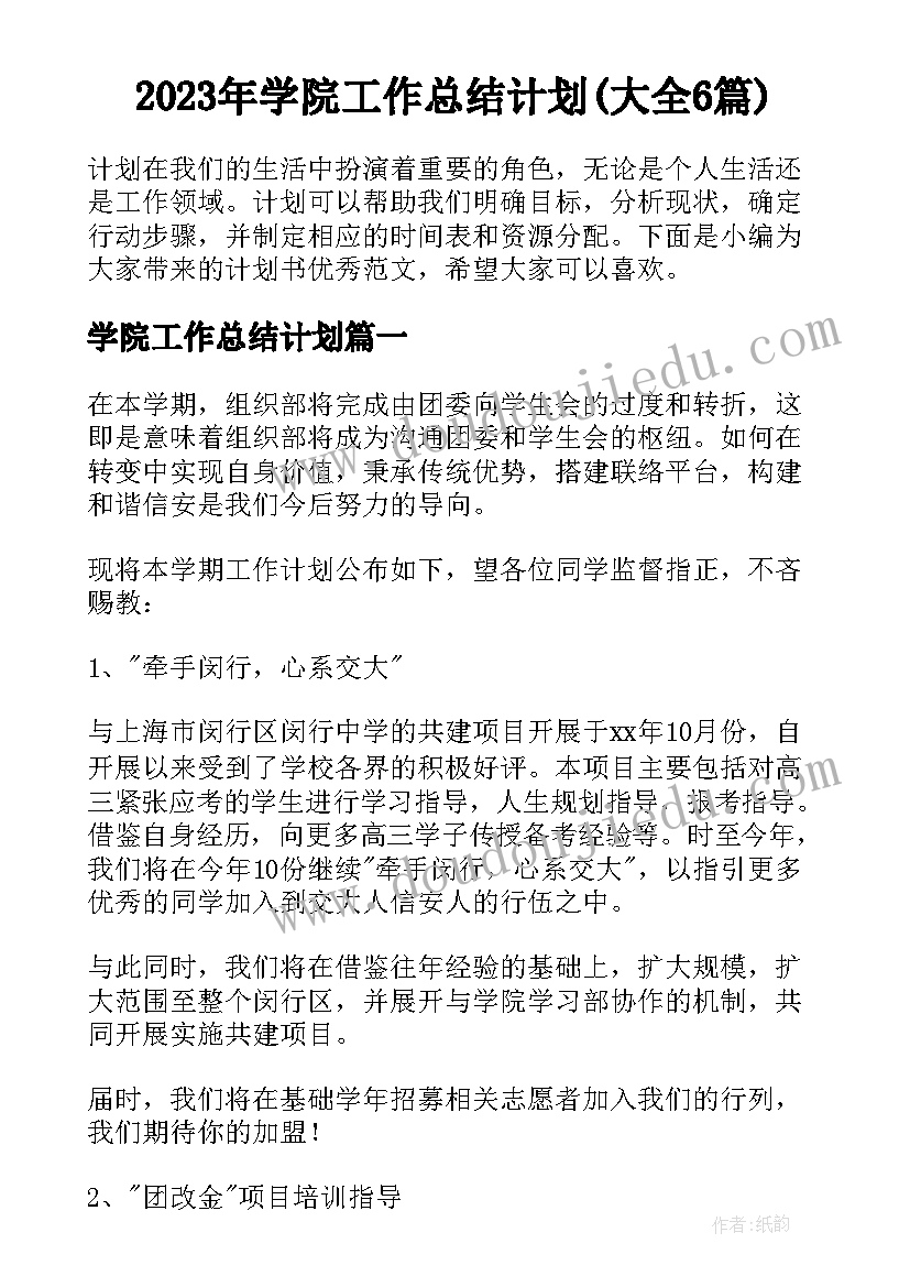 2023年学院工作总结计划(大全6篇)