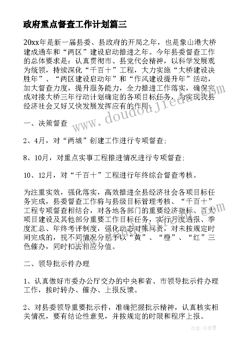 政府重点督查工作计划(汇总5篇)