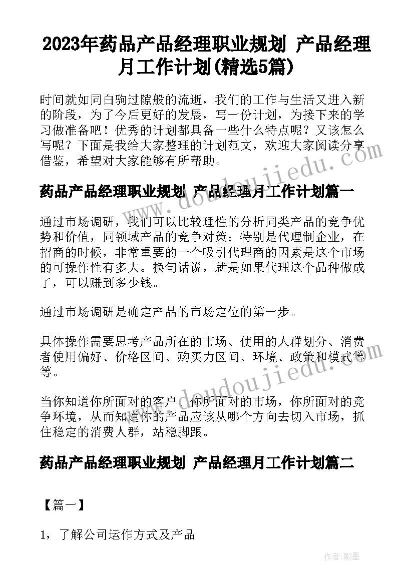 2023年药品产品经理职业规划 产品经理月工作计划(精选5篇)