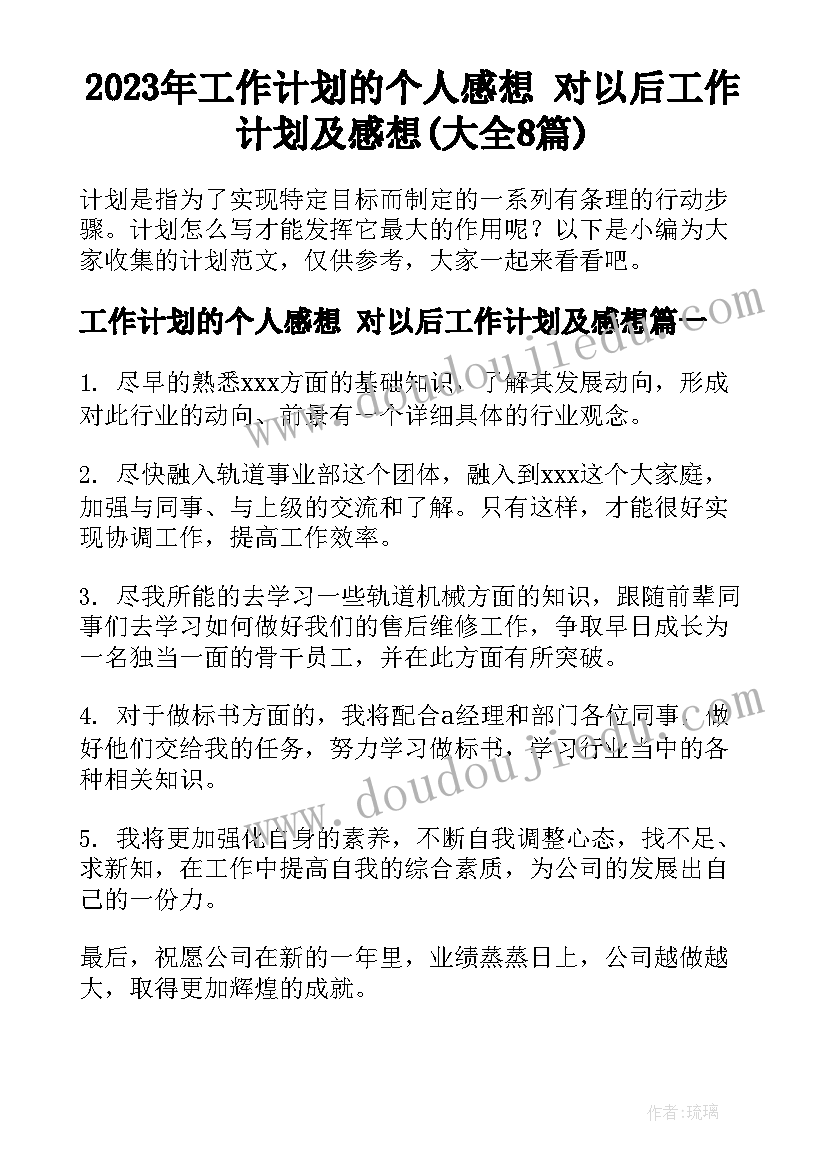 2023年工作计划的个人感想 对以后工作计划及感想(大全8篇)