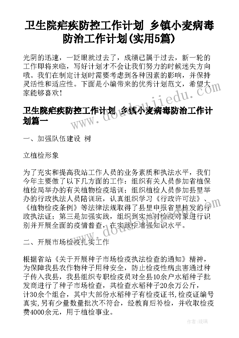 卫生院疟疾防控工作计划 乡镇小麦病毒防治工作计划(实用5篇)