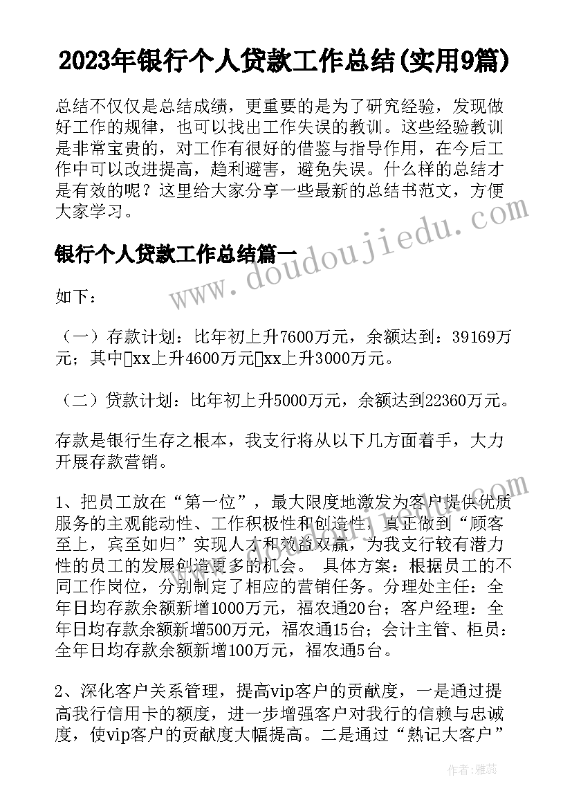 2023年银行个人贷款工作总结(实用9篇)