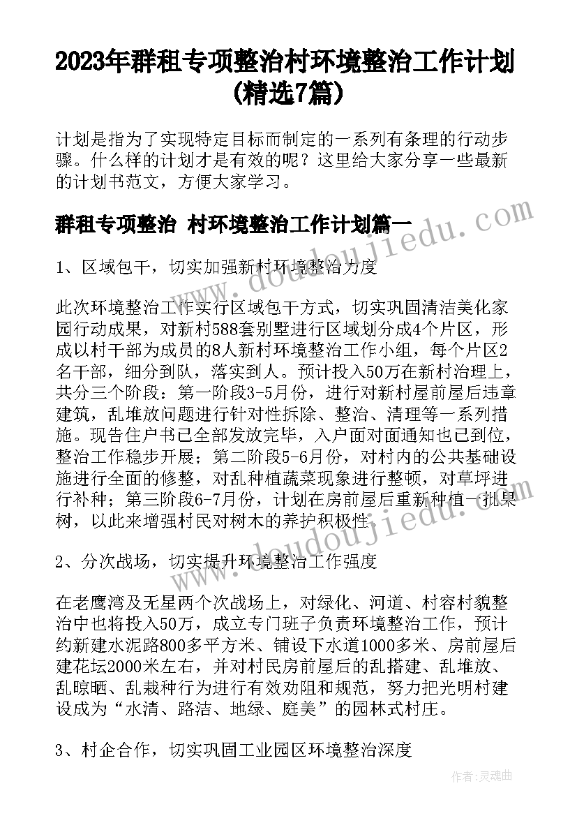 2023年群租专项整治 村环境整治工作计划(精选7篇)