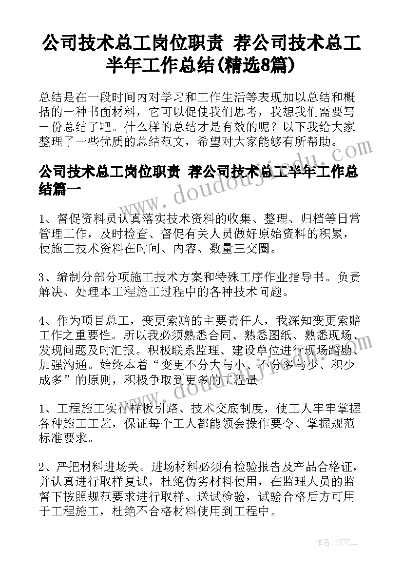 公司技术总工岗位职责 荐公司技术总工半年工作总结(精选8篇)