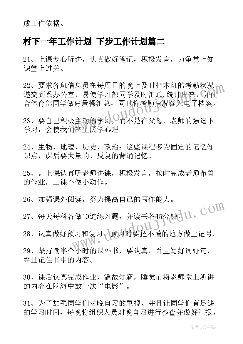 村下一年工作计划 下步工作计划(精选6篇)