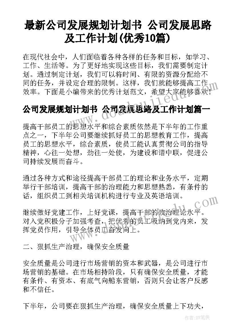 最新公司发展规划计划书 公司发展思路及工作计划(优秀10篇)