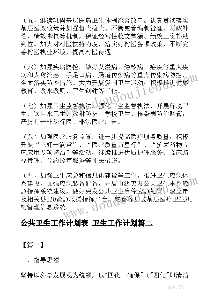 2023年公共卫生工作计划表 卫生工作计划(实用7篇)